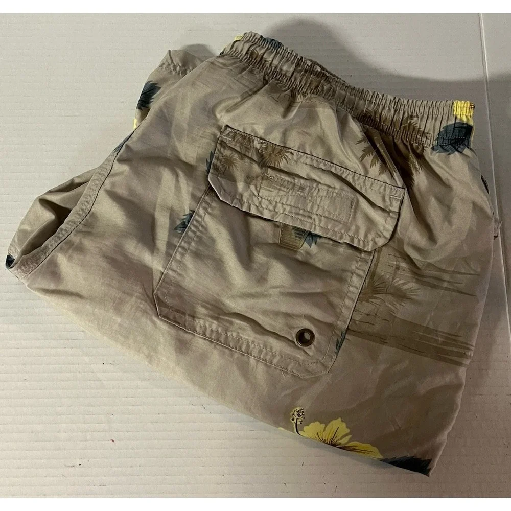 Unbranded‎ Swim Trunks Mens XL Tan Tropical Hibiscus Palm Tree Board Shorts